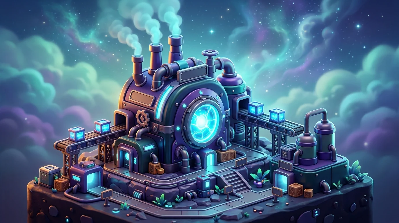 A glowing factory headquarters on a floating island at night